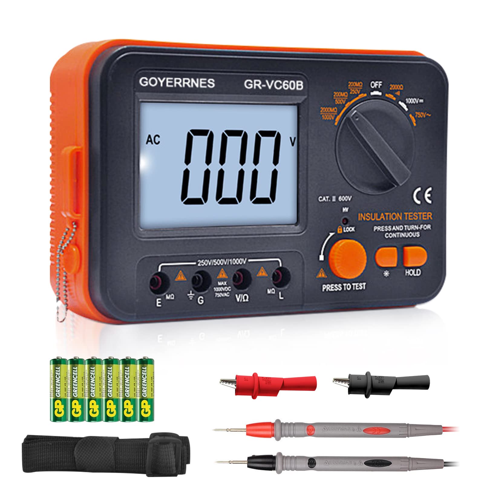 Insulation Resistance Tester Digital Ohm Meter Megohmmeter GR-VC60B+ DCV Megohm Meter Voltage Tester 250/500/1000V, ACV Megohm 750V with 1999 Count Large LCD Display, Data Hold, Backlight