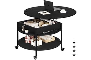 FABATO Round Lift Top Coffee Table with Wheels, Circle Center Table with Storage and Compartment, 26.77’’ Rolling Coffee Tabl