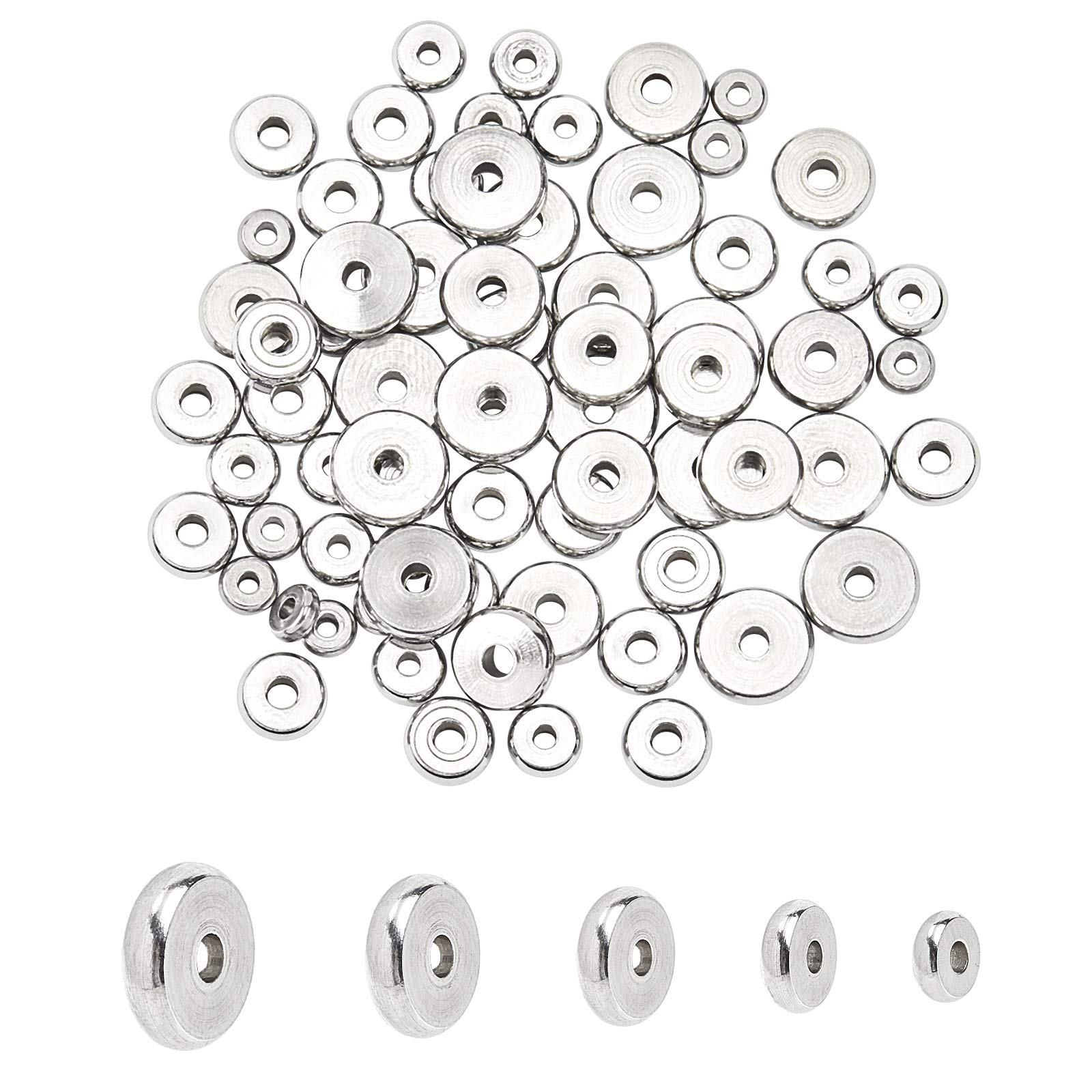 UNICRAFTALE 5 Sizes of Spacer Beads 100pcs Flat Round Stainless Steel Beads Approx 1.2-2mm Small Hole Metal Spacers for Jewellery Making, 4/5/6/7/8mm Diameter