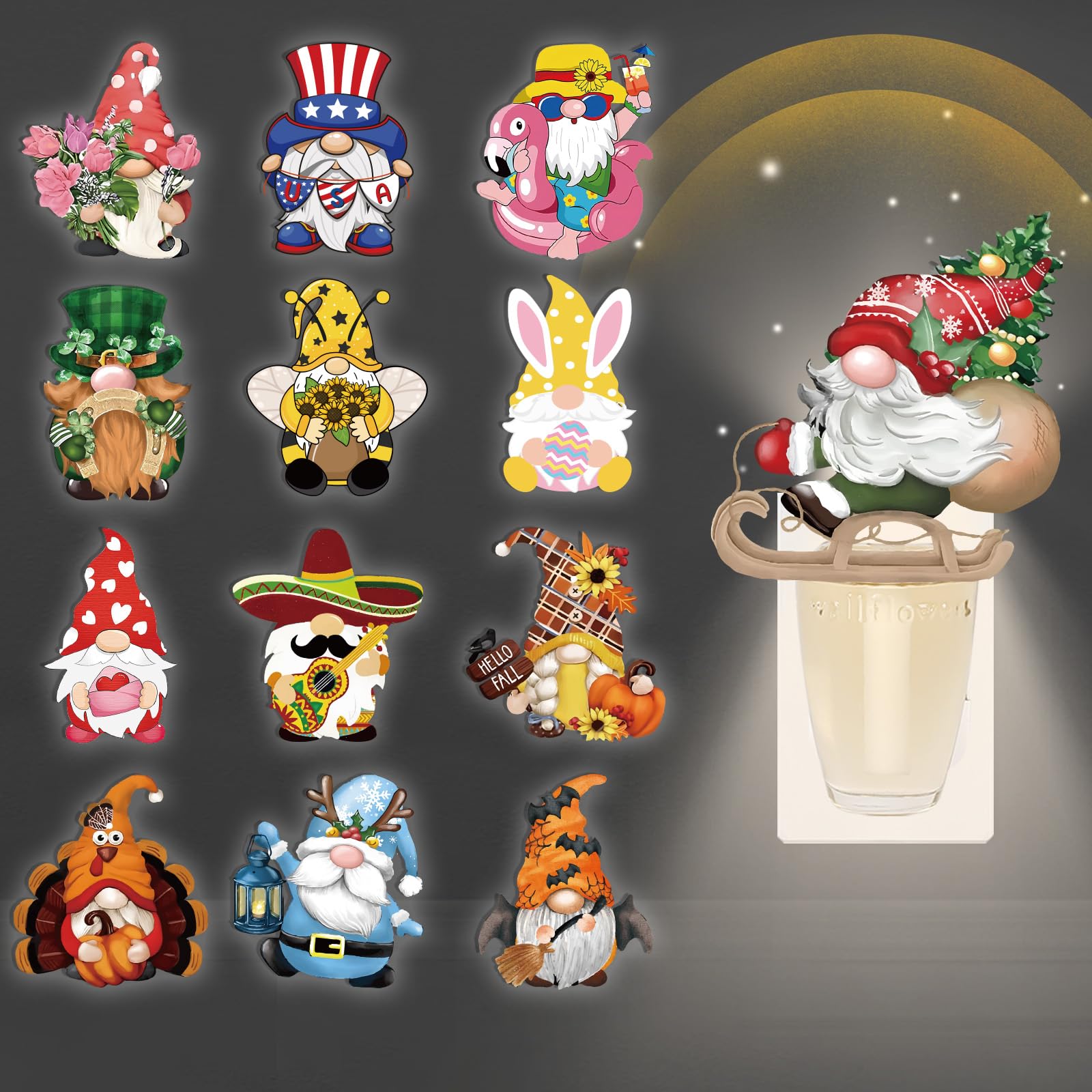 Photo 1 of 1 Pack Interchangeable Gnome Fragrance Plug in with Night Light, Compatible with Bath and Body Works Holiday Seasonal Gnome Light Decor with Magnet Pieces for Halloween Thanksgiving Christmas