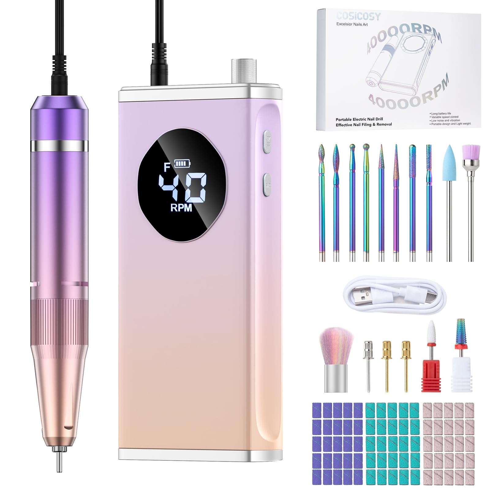 COSICOSY Electric Nail Drill, 40000RPM Professional Nail File with 15 Drill Bits, Portable Rechargeable Nail File Machine E File for Acrylic Nails Gel Polishing Removing, for Manicure Salon Home, Pink