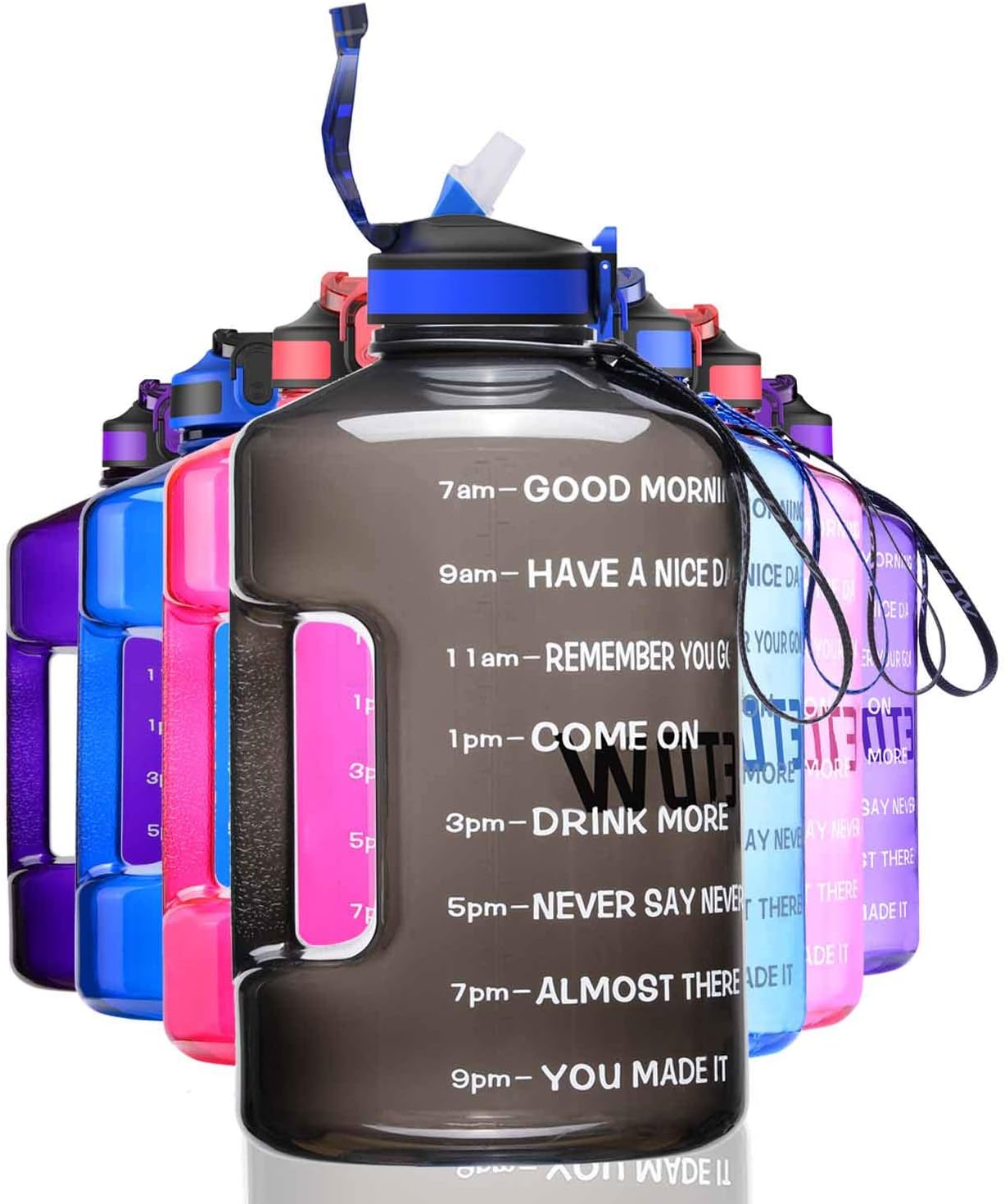 ETDW 3,78 Liter Trinkflaschen mit Strohhalme BPA Frei, 3,78L Wiederverwendbare Wasserflaschen mit Zeitangaben, GroßE Sportflasche mit Starkem Griff für Sport, Fitness, Freiluft, Wandern Schwarz