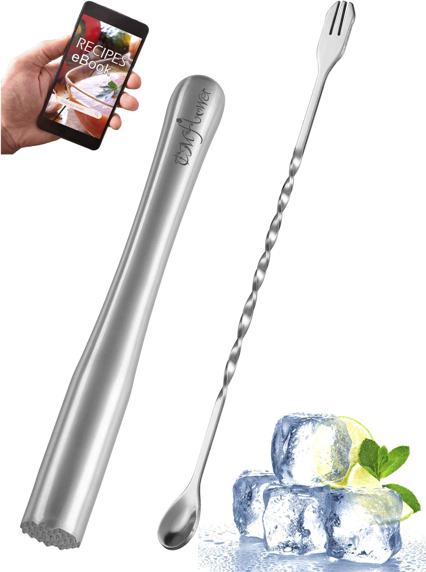 Stainless Steel Cocktail Muddler Set with Mixing Spoon Garnish Fork 9 Inch Drink Muddler Fruit Masher Barware Tool Set for Mojito and Mint Julep in Bar Home Party