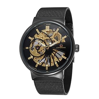 forsining Herren Gold Hohl Skelett Edelstahl automatische mechanische Armbanduhr Mesh Band
