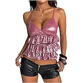 SHENHE Women's Metallic Tiered Ruffle Cami Smocked V Neck Spaghetti Strap Party Babydoll Tank Top