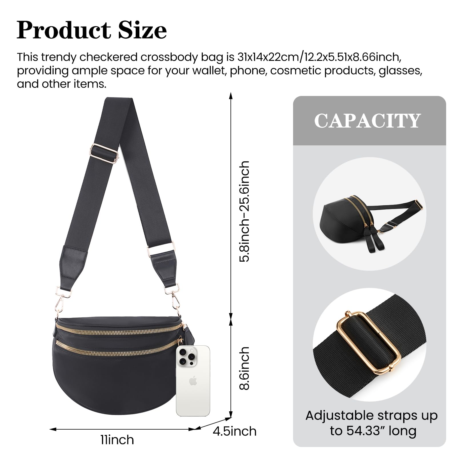Nylon Crossbody Bags Bum Bag for Women Large Sling Bag Purse with Adjustable Strap（Black）