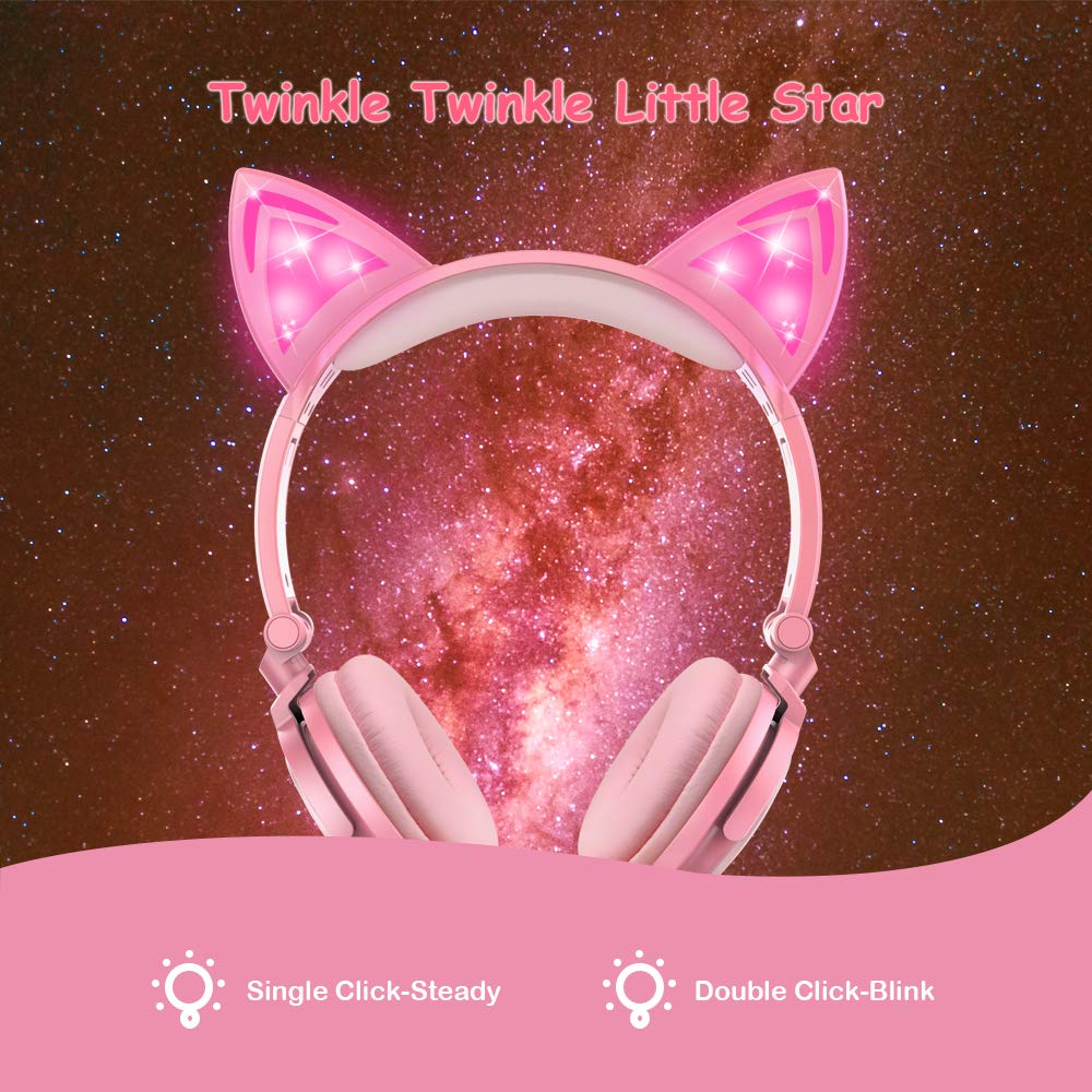 Cuffie per Bambini, Orecchio sopra con orecchie di gatto incandescente a LED, Cat Ear Headphone Cablate, 85dB Volume, Kids Cuffie ispirate al gatto per ragazze (Rosa)