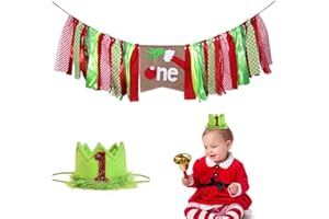 FGBB Christmas High Chair Banner, Christmas 1st Birthday Sign Banner, Candy Cane Red & Bright Green Highchair Garland,Christmas Crown Hat for Kids Christmas First Birthday, Photo Booth Props And Cake Smash