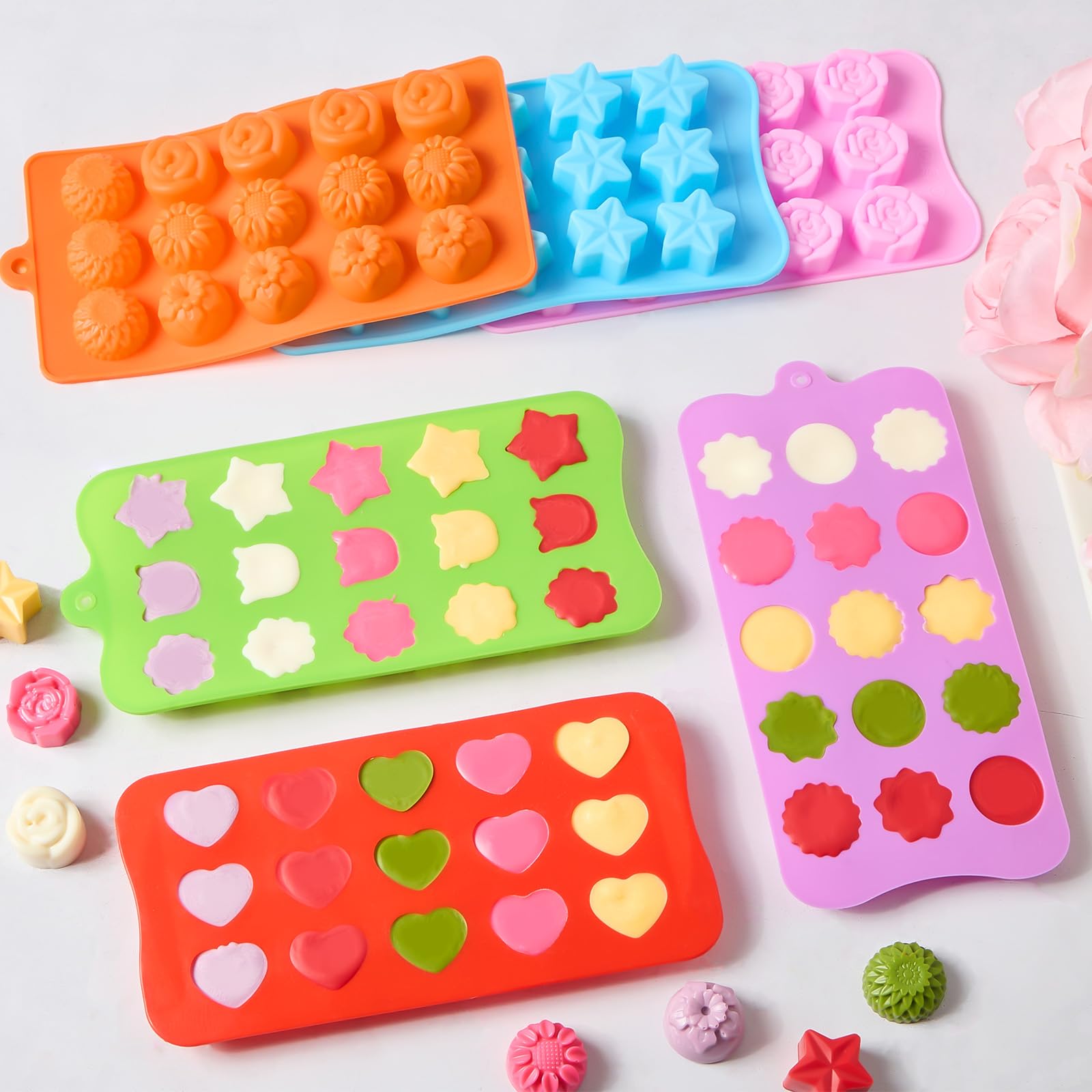 6 Pcs Flower Silicone Chocolate Molds Set, 15-Cavity Rose Heart Star Candy Mold Different Shapes Silicone Molds for Chocolate, Candy, Ice Cube, Butter, Jello