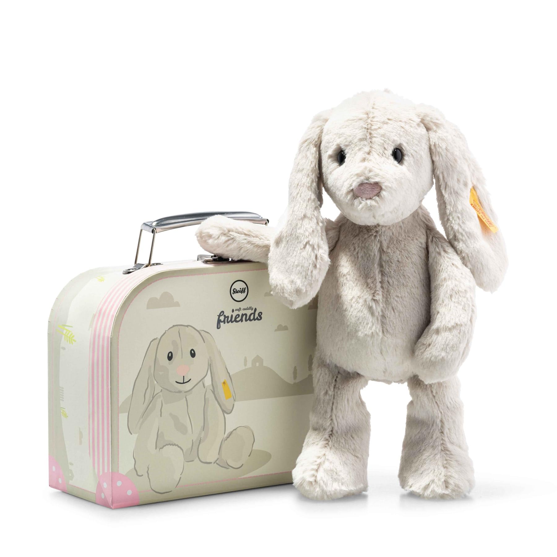 Steiff Cuddly Toy Hoppie Rabbit in Suitcase, Cute Stuffed Toy with Plastic Eyes, Children, Boys & Girls, Soft Cuddly Friends, Plush Toy 26 cm, Light Grey, 080968