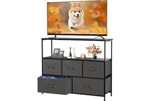 DUMOS TV Stand Dresser with 5 Fabric Storage Drawers, Media Console Featuring Open Shelf for 45 inch TV, Compact Entertainment Unit for Bedroom, Living Space, or Dorm Organization, Grey