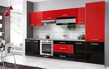 Naka24 Komplette Kuche Petra 320 Cm Verschiedene Farbkombinationen Hochglanz Neu Rot Schwarz Amazon De Kuche Haushalt