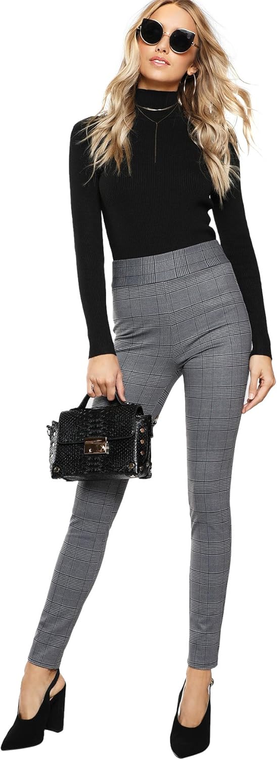 SweatyRocks Women's Casual Plaid Leggings Stretchy Work Pants at  Women’s Clothing store
