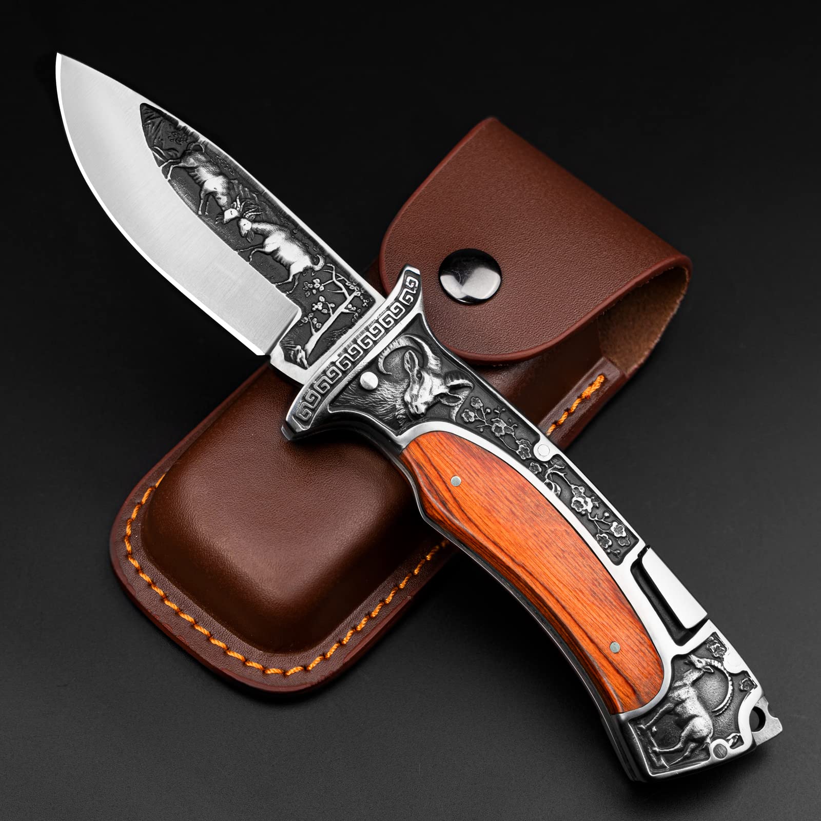 Photo 1 of NedFoss Rams Pocket Knife for Men, 3.3 inch Engraved Unique Folding Knife, Pocket Knives with Holster, Cool Knives, Personalized Gifts for Men