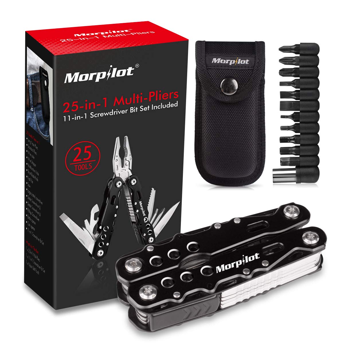 Multitool Pliers, 25 IN 1 Multi-Plier Stainless Steel Multipurpose Folding Pocket Plier Kit with Knife, Saw, Screwdrivers for Home, Fishing, Camping, Hiking, Survival, Travel(Nylon Sheath Included)