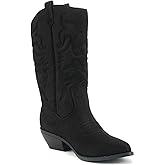Soda Reno Women Western Cowboy Pointed Toe Knee High Pull On Tabs Boots (Black Suede, US Footwear Size System, Adult, Women, Numeric, Medium, 8)