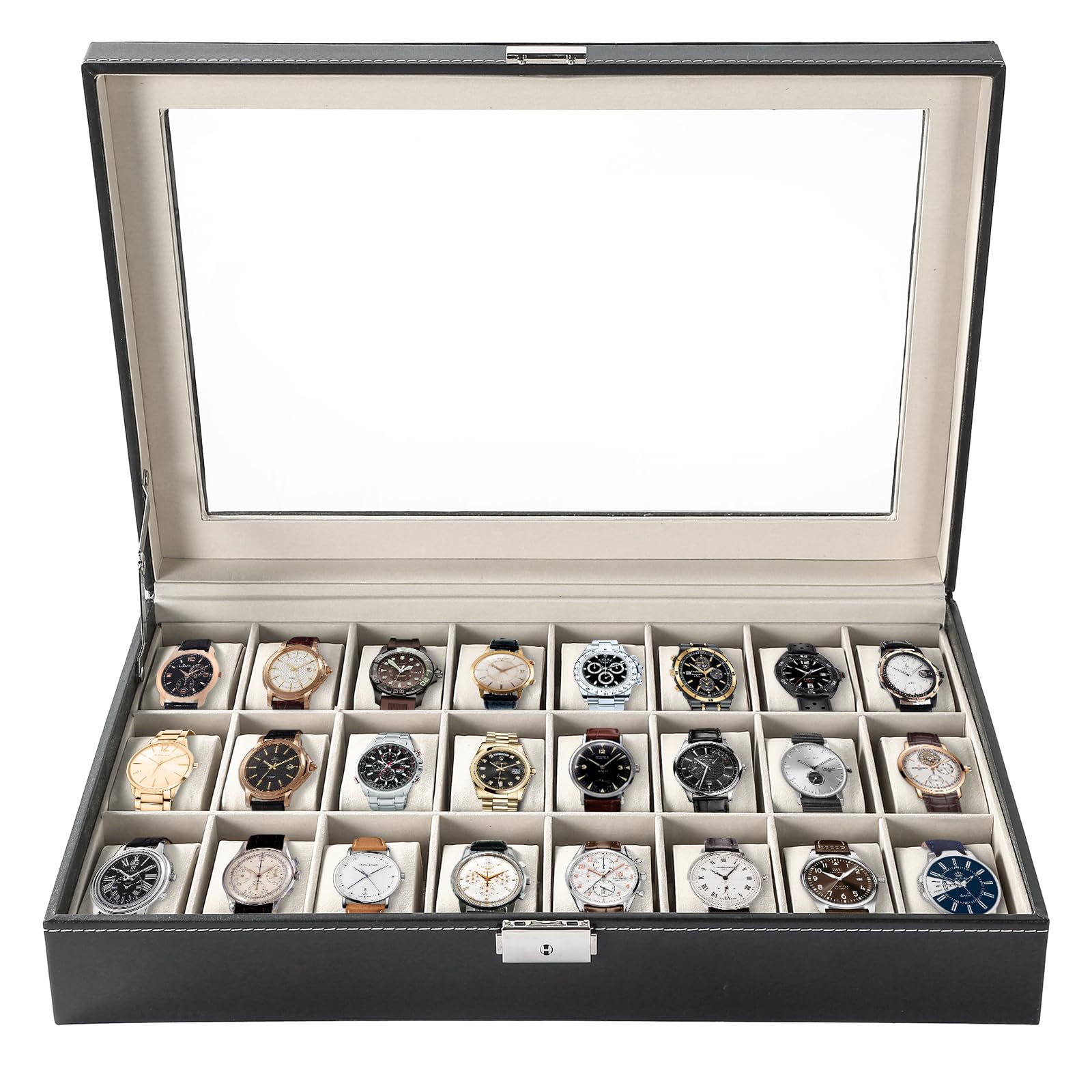 Photo 1 of FLKQC 24 Slots Watch Box | Watch Case Display Organizer, Watch Display Case Glass Top for Men Women PU Leather Display Storage Collection Organizer Jewelry Case with Removable Pillows