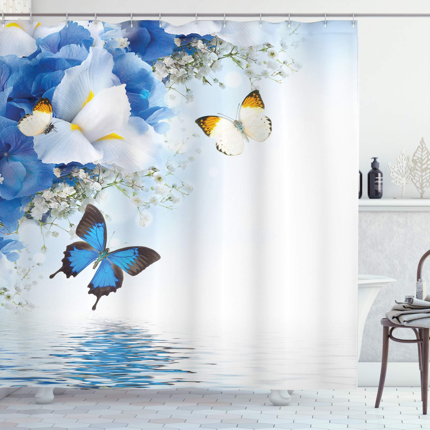 ABAKUHAUS Floral Shower Curtain, Nature Theme Wild Flowers Monarch Butterflies Lily on Lake Therapy Spa Art Prints, Cloth Fabric Bathroom Decor Set with Hooks, 94 Inches, Blue White