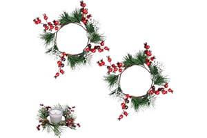 2pcs Christmas Candlestick Wreath,Christmas Artificial Cedar Candle Holders with Red Berries for Pillar Candles,Decorative Gl
