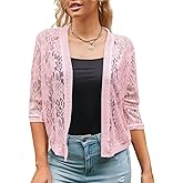 Xunger Women’s 3/4 Sleeve Lace Cardigan Casual Open Front Floral Lace Shrug Summer Cover Up