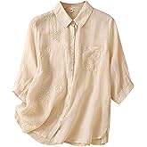 DOVWOER Women's Cotton Linen Shirt Collar Button Down 3/4 Lantern Sleeve Tunic Embroidered Tops Blouse