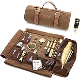 Barillio Bartender Kit Bag with Gold Cocktail Shaker Set - Waxed Canvas, Traveling Bar Tools Bag with 17-Pc Cocktail Kit - Travel Mixology Bartending Kits - Mobile Bar Roll with Strap & Accessories