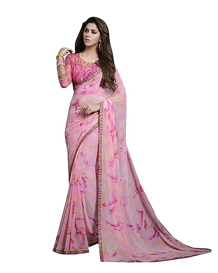 Shaily Opulent Pink Color Printed Bamberg Georgette Saree With Blouse Piece