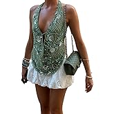 KMBANGI Women Y2K Sequin Halter Top Sleeveless Cowl Neck Glitter Tank Top Sparkle Backless Crop Top Streetwear