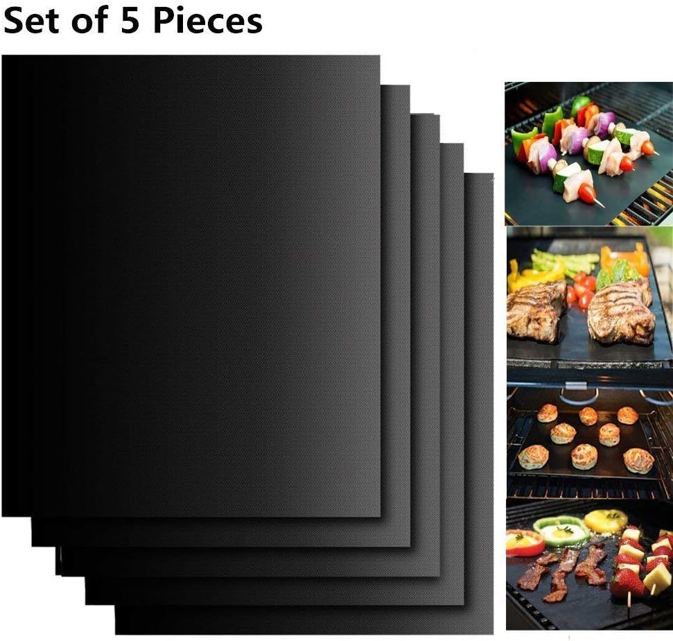 Vintoney Grill Mat Set of 5-100% Non-Stick BBQ Grill Mats, Heavy Duty, Reusable, and Easy to Clean - Works on Electric Grill Gas Charcoal BBQ - Extended Warranty - 15.75 x 13-Inch, Black