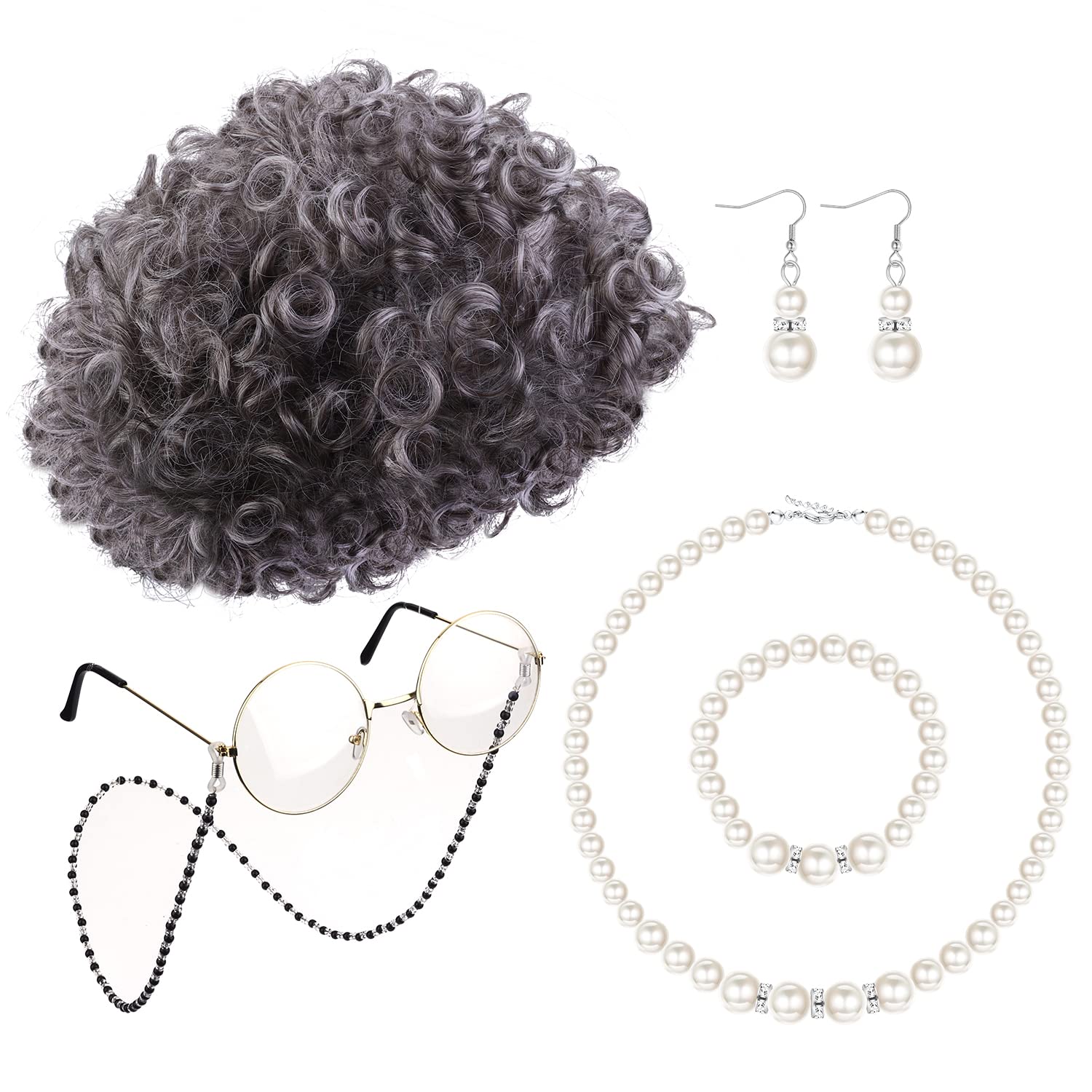MILACOLATO Old Lady Costume Set Old Lady Wig Grandma Wig White Grey Black Granny Cap Bead Chain Cords Artificial Pearl Necklace Bracelet Earrings Adult Fancy Dress Accessories Fits All, BrownBoom