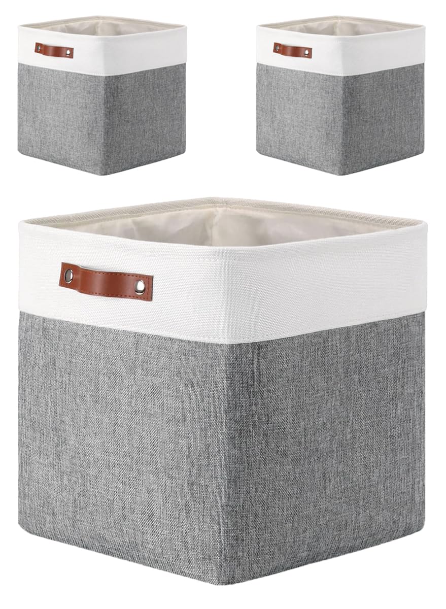 Mangata 25|28|30|33cm Fabric Storage Boxes Cubes, 3 Pack(33x33x33cm, Grey White)