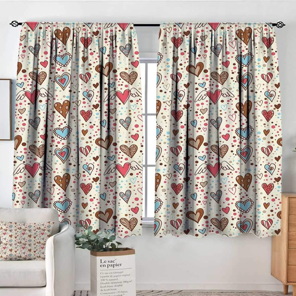 Elliot Dorothy Window Blackout Curtains Valentines,Hand Drawn Dotted Background with Love Themed Colorful Heart Shapes,Multicolor,for Room Darkening Panels for Living Room, Bedroom 42"x72"