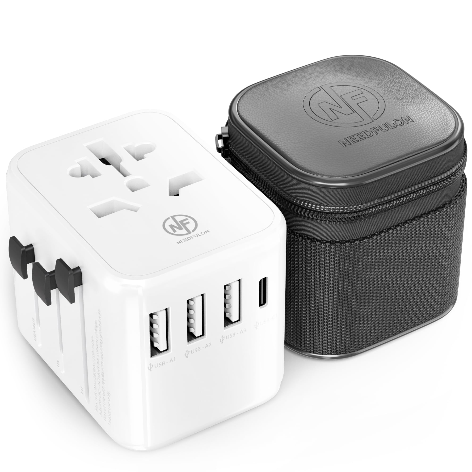 NEEDFULON Worldwide Universal Travel Plug Adapter with 3 USB A + 1 USB C, Dual 10A Fuses | All-in-One Compact Socket Charger | zipper pouch | International Adaptor for UK, USA, EU, AUS, 200+ Countries