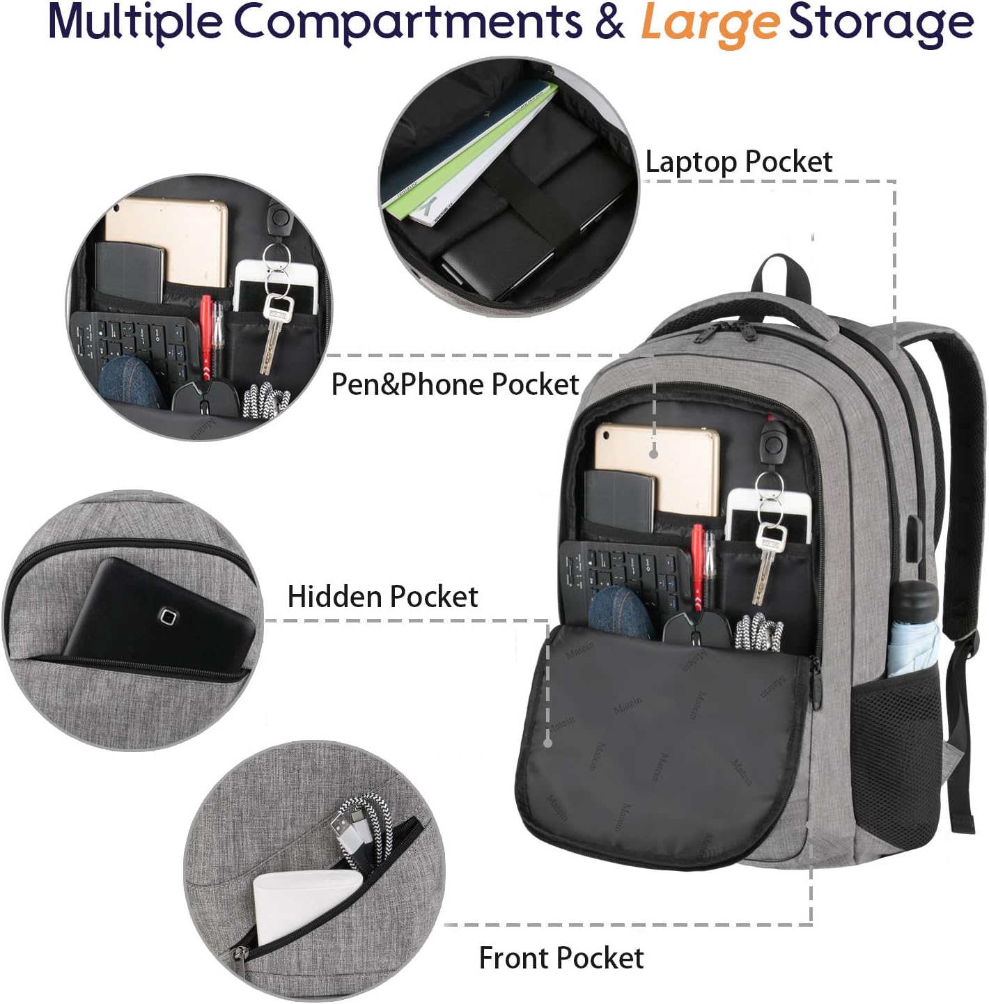Travel Laptop Backpack,TSA Large Travel Backpack for Women Men, 17 Inch Business Flight Approved Carry On Backpack with USB Charger Port and Luggage Sleeve, MATEIN Durable College School Bookbag,Grey: Computers & Accessories