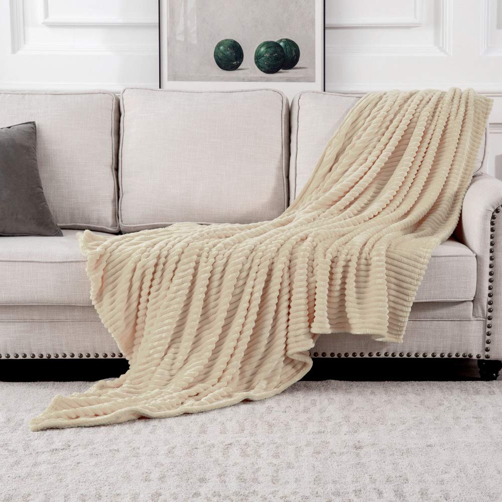 MIULEE Flannel Fleece Throw Blankets Soft Warm Comfortable Throws for Sofa Corduroy Fluffy Blanket Bed Throw for Bedroom Couch Travel Kids Bedroom Accessories 65x82Inch Cream