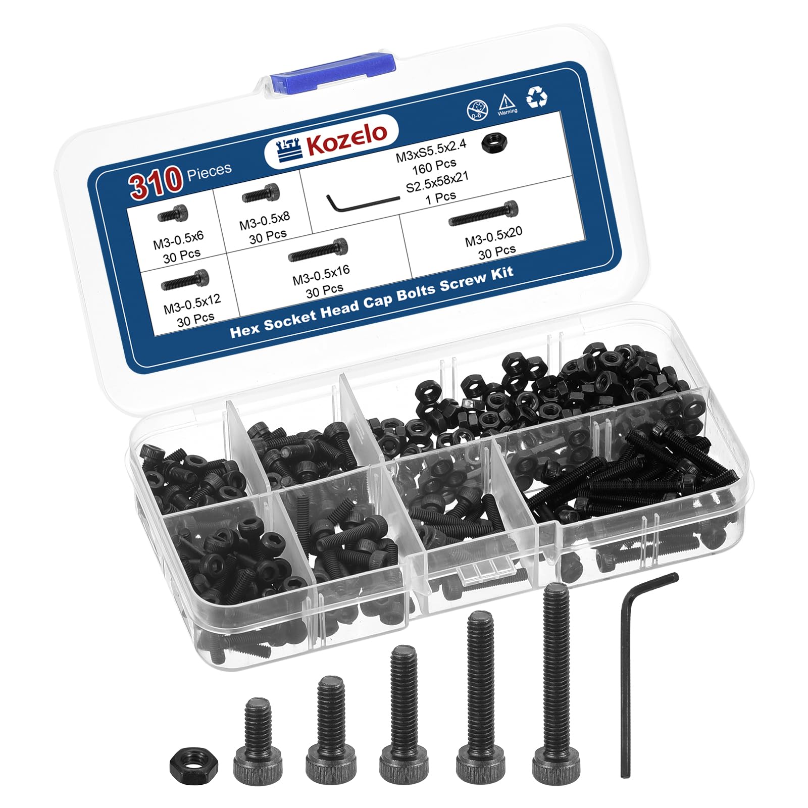 Kozelo 310pcs M3 Socket Head Cap Screws Bolts Nuts Assortment Kit - [M3x6/8/12/16/20mm] Alloy Steel Fully Threaded Black Oxide 12.9 Internal Hex Screw for 3D Printer Use, with Wrench