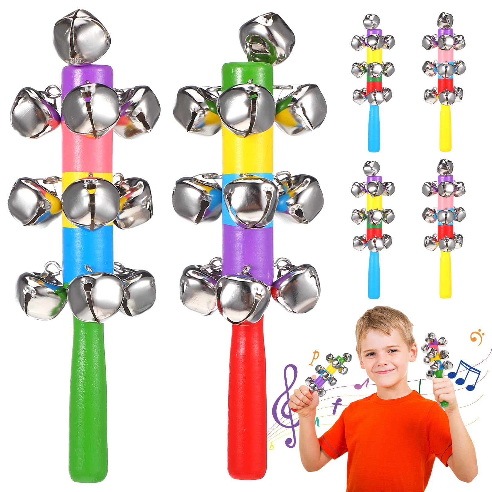 Wooden Jingle Hand Bells Toys: 6pcs Hand Held Jingle Bells for Kids - Colorful Shaker Musical Instruments for Kids Students Music Party Favors Christmas Holiday Performance, Random Color