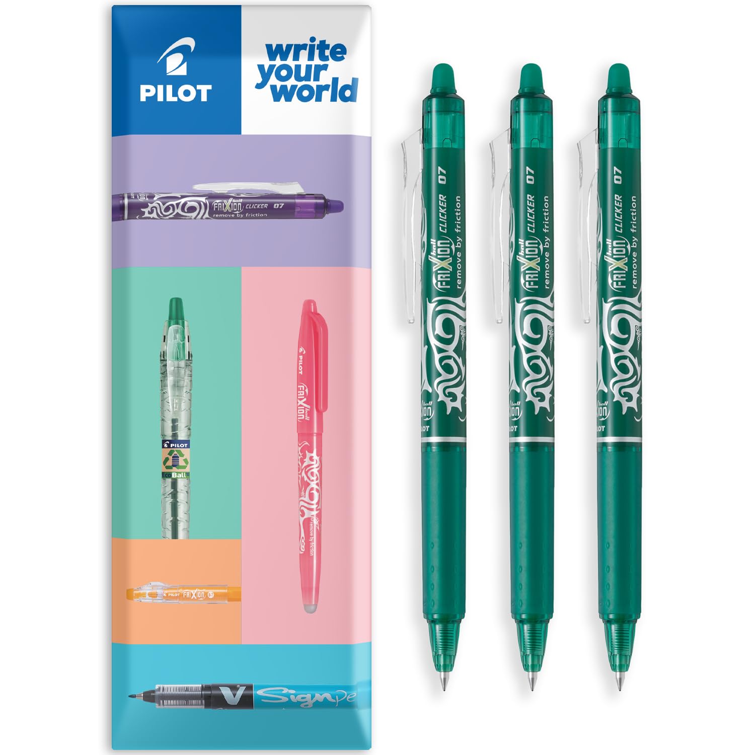 PILOT FriXion Clicker Fine Erasable Friction Rollerball Pen - Retractable Tip 0.7mm Nib 0.35mm Line Width - In Envelope Gift Packaging - Pack of 3 - Green Ink