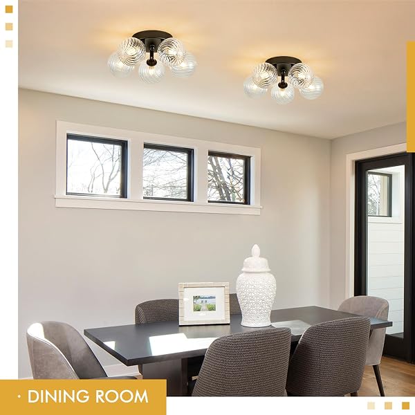 BRFAIXLA 5 LIGHTS SEMI FLUSH MOUNT CEILING BUBBLE LIGHT FIXTURE DIA 12.6″ BLACK CLOSE TO CEILING LIGHT MODERN SWIRLED CLEAR RIBBED BLOWN GLASS BALL CHANDELIER FOR HALLWAY ENTRYWAY KITCHEN DINING ROOM