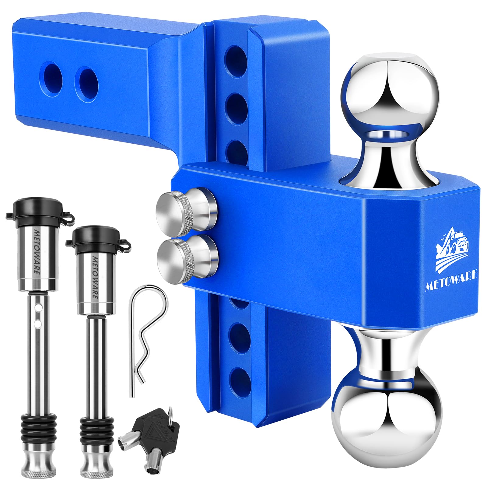 Photo 1 of METOWARE Adjustable Trailer Hitch for 2.5 Inch Receiver, 6" Drop/Rise Heavy Duty Aluminum Tow Hitch, 18,000 LBS GTW, Dual Ball (2" & 2-5/16"), Double Stainless Steel Locks & Hitch Pin (Blue)