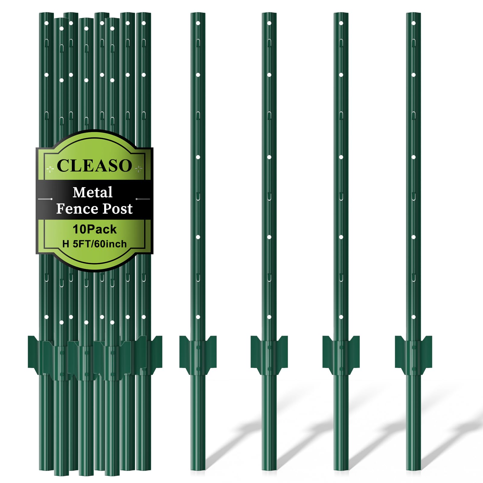 Photo 1 of 10 Pack Metal Fence Posts, 5ft Heavy Duty U-Post, Green Garden Stakes, No-Dig Post Anchors for Wire Fences, Temporary Fencing, Electric Fence, and Corner Support