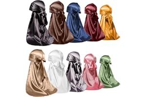 ForceWave 10 Pieces Silky Durags Long Tail for Women Men Satin Durag 360 Wave，Dorag, 10 Pieces
