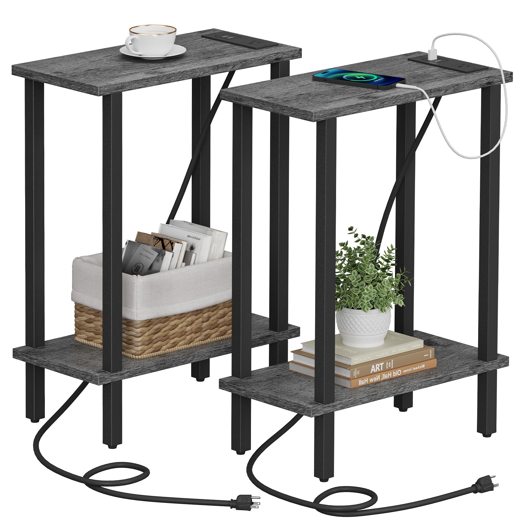 Photo 1 of TUTOTAK Small End Table with Charging Station, Narrow Side Table with USB Ports and Outlets, Set of 2, Skinny Sofa Table, Slim Nightstand, Living Room, Bed Room, Charcoal Grey TB01BY0602