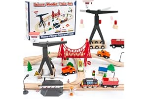 Wooden Train Set, 56-Piece Deluxe Kids Toy Train Set for 2 3 4 5 Year Old Boy, Cargo-Themed Train Track with Tower Crane & Su
