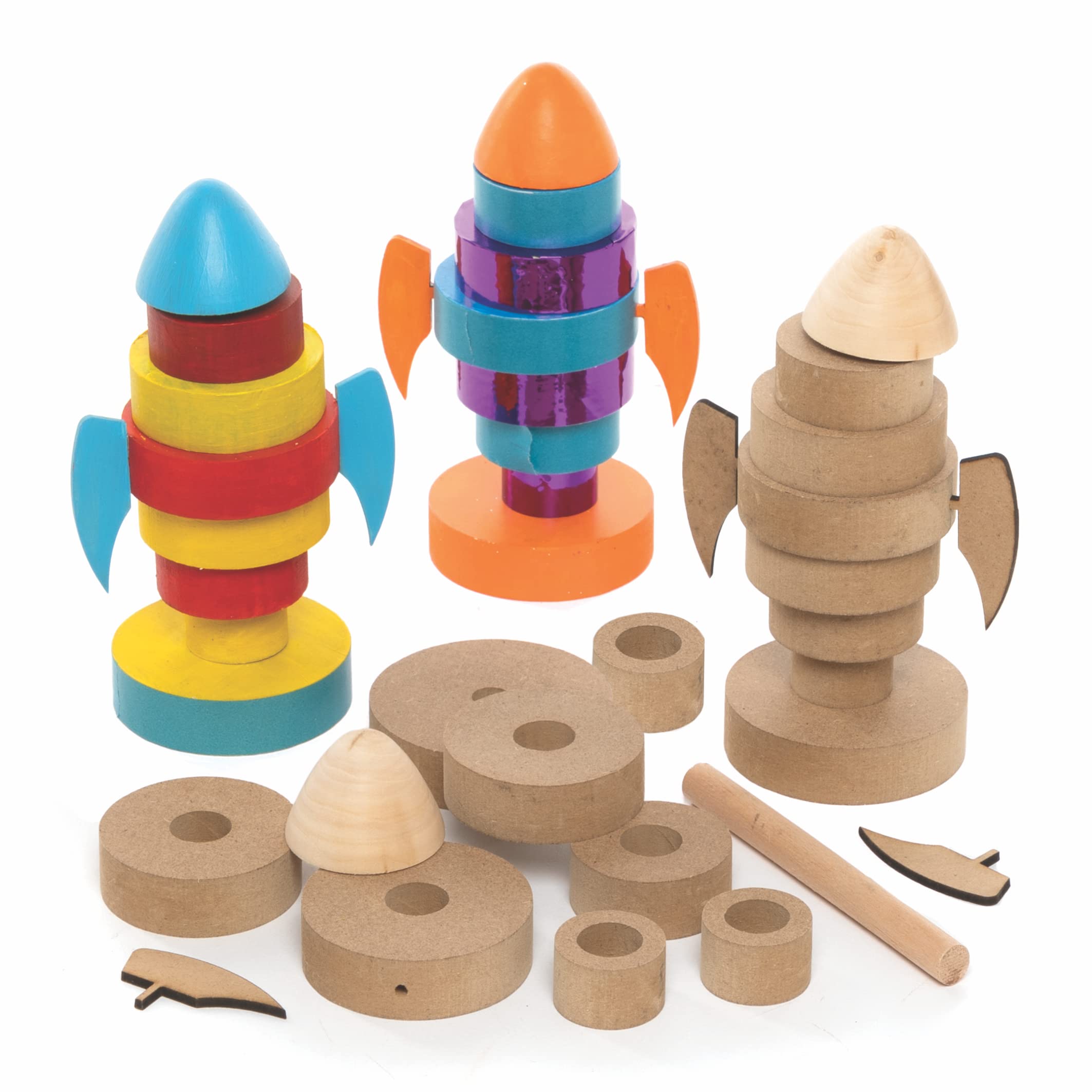 Baker Ross FC163 Rocket Wooden Stacking Kits - Pack of 2, Craft Activities for Kids to Assemble, Decorate and Display, Wood Crafts for Children