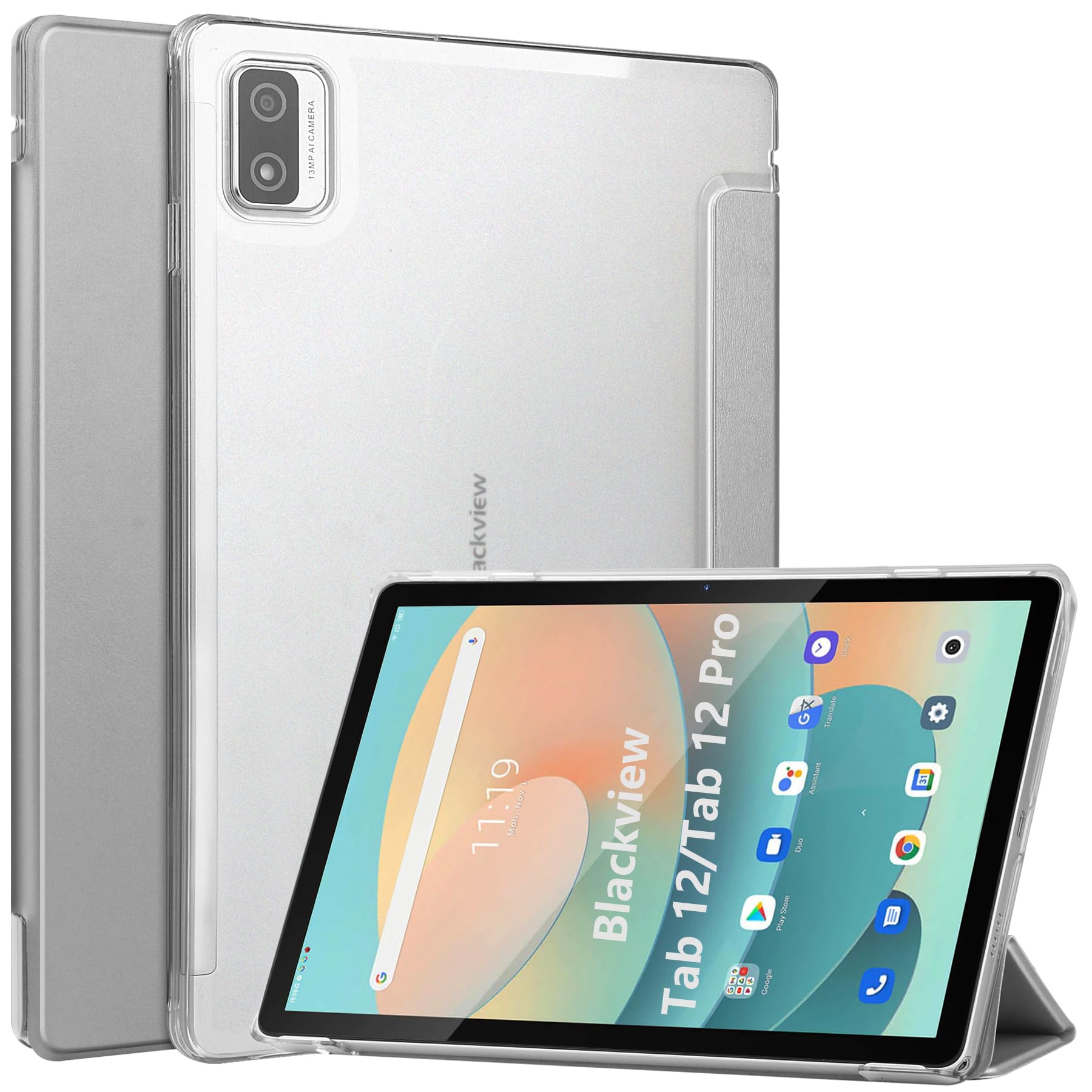 Dlahaby Case Compatible with Blackview Tab 12 Pro/Tab 12,PU Leather & Hard Clear PC with Stand Function Flip Cover for Blackview Tab 12 & Blackview Tab 12 Pro Tablet,argent