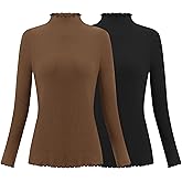 Herou 2 Pack Women Lettuce Trim Ribbed Knit Long Sleeve Top Mock Neck Basic Layer Tops Turtleneck Thermal Underwear Tops
