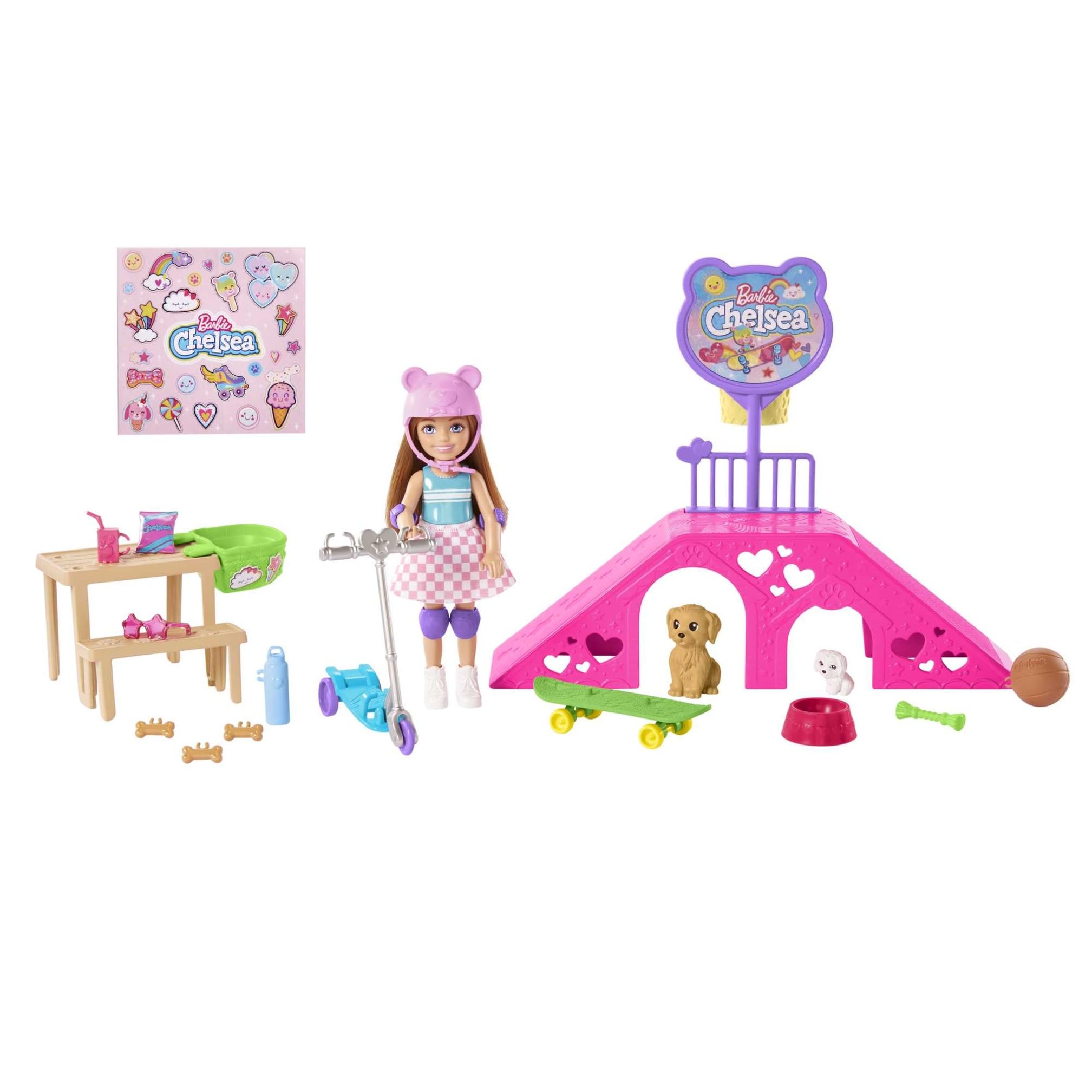 Barbie Chelsea Doll & Skate Park Playset with 2 Puppies, Skate Ramp, Scooter & 15+ Accessories, Brunette Small Doll with Blue Eyes, HJY35