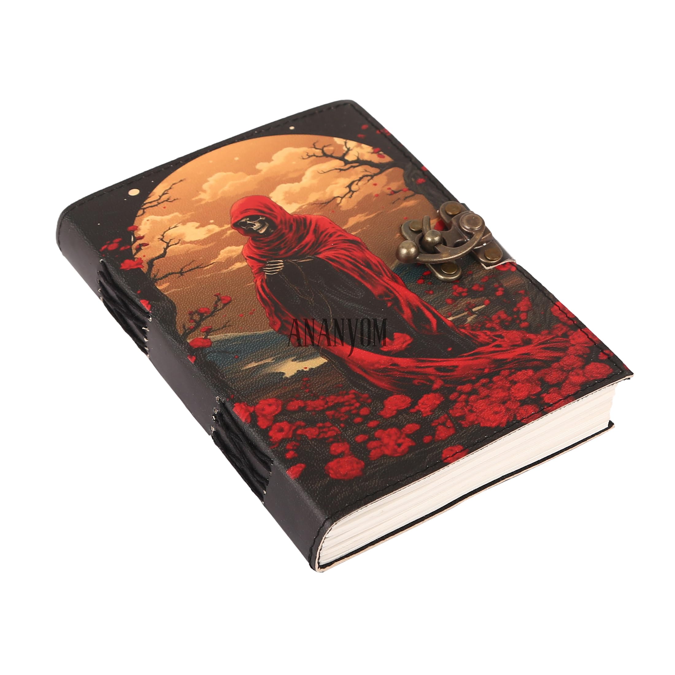 Handmade Leather Journal, Modern Fantasy Playing Notebook Spiral Gothic Notebook Skull lover Antique Vintage Leather Journals With 200 Blank White Paper, Unruled, Brass Clasp Lock Journal, Men & Women