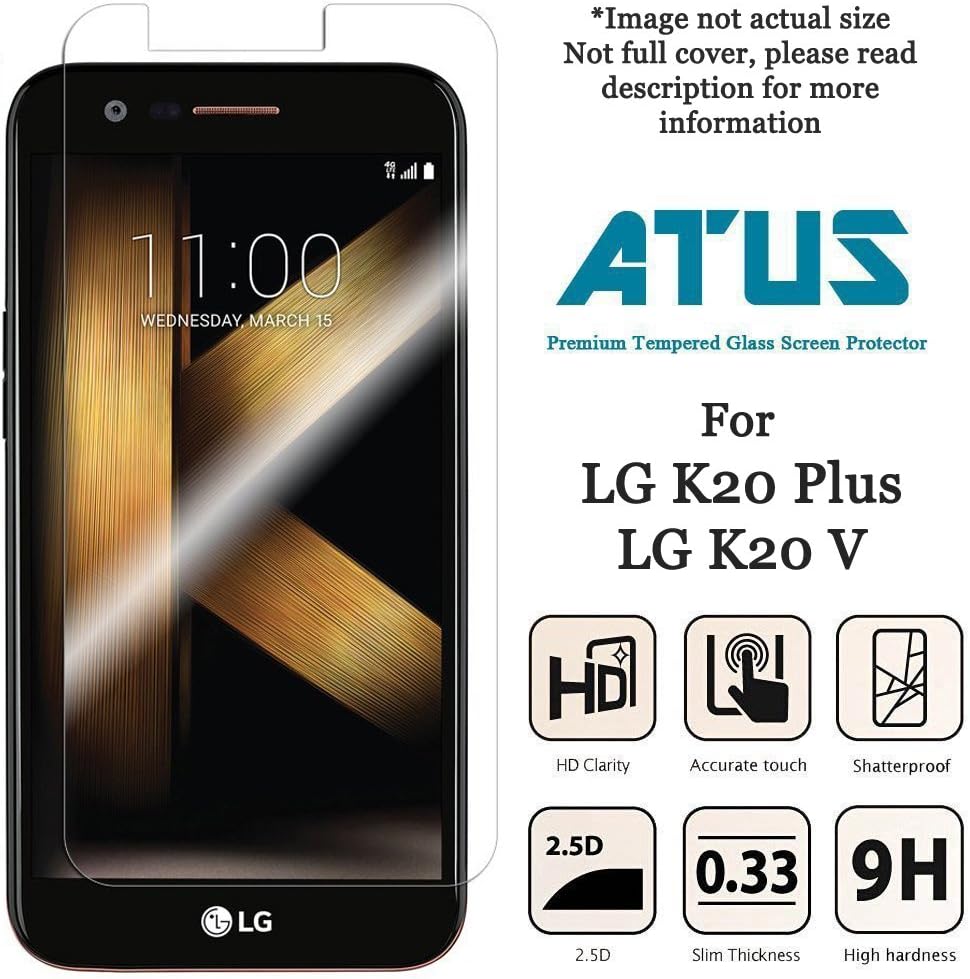 LG K20 Plus Screen Protector, Fits LG K20 V, LG K10 2017, LG Harmony, LG Grace, ATUS Ultra-Thin Tempered Glass Screen Protector (2-Pack) Partial Cover